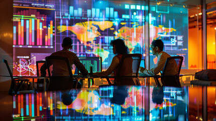 Obraz premium Investors in a conference room analyzing global investment strategies with laptops showing international finance data