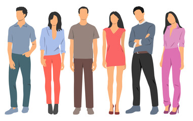  Set of young men and women , different colors, cartoon character, group of silhouettes of standing business people, students, design concept of flat icon, isolated on white background