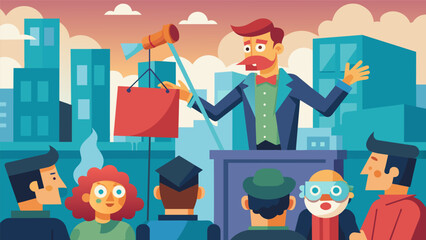 Fototapeta premium In a busy city a street performer uses a public puppet show to address social issues and raise awareness on news stories that have been brushed aside.