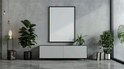 Interior poster mockup with vertical black frame in home interior background.