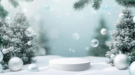 Christmas background with cylindrical podium for promotions. Round stage for presentation sale product. Stage pedestal or platform in snow between Xmas trees, glass balls hanging. illustration