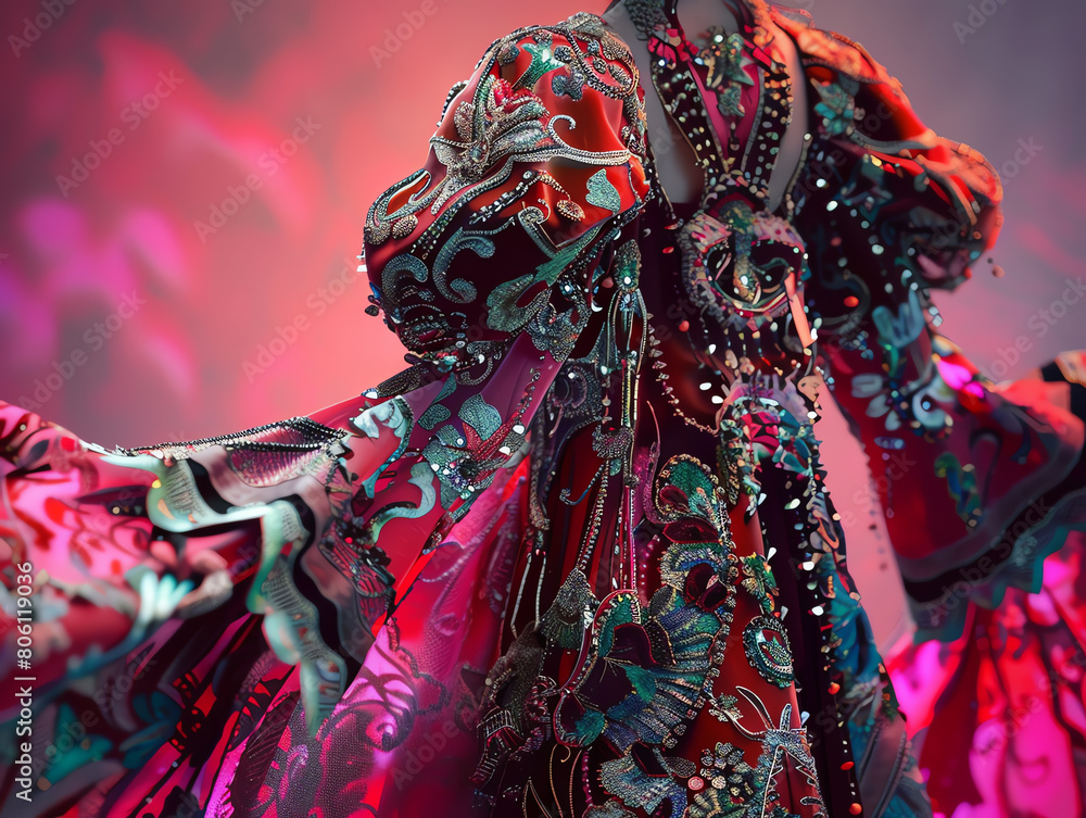 Poster capture dynamic couture in a virtual realm utilize cg 3d to render surreal garments from tilted pers