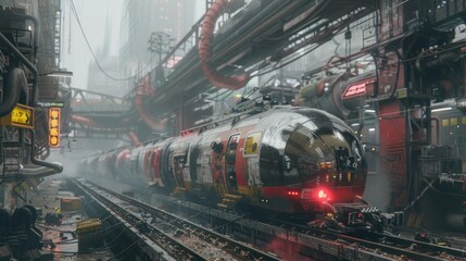 Cyberpunk modern fast train with future technology stops at the station background wallpaper AI generated image