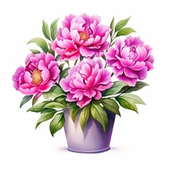 Obraz premium A beautiful watercolor painting of pink peonies in a vase on white background