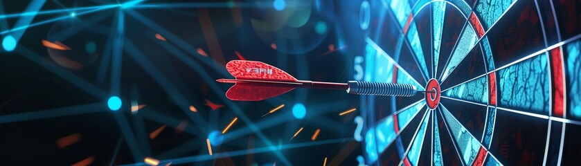  A red dart hits the bullseye of a blue and black dartboard. The dartboard is surrounded by a network of blue lines and dots. The background is black.