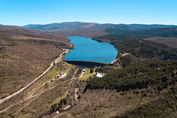Aerial view of Uzquiza Lake in Burgos Province, Castile and Leon, Spain . 