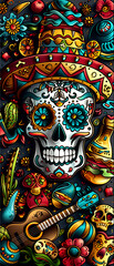 Obraz premium A colorful drawing of a skull with flowers and a guitar