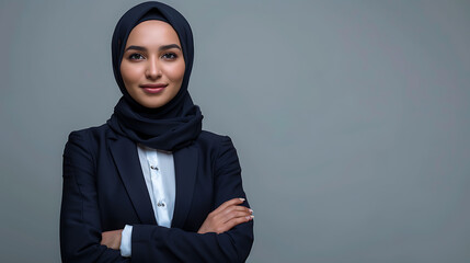 Portrait of hijabi business woman isolated grey background. Muslim working woman 