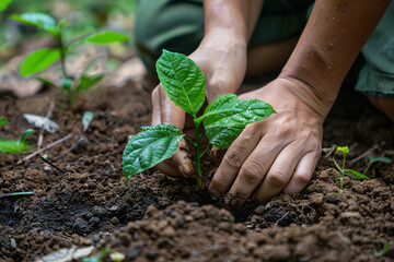Close-up of hands planting a tree, symbolizing personal contributions to sustainability and...
