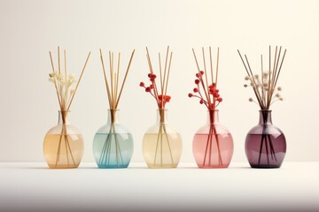 A harmonious composition of vases filled with reeds and vibrant flowers