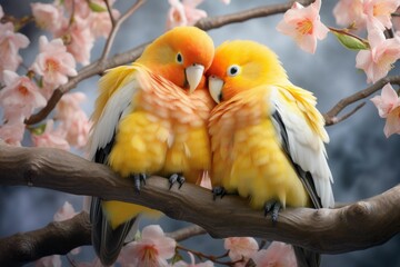 A pair of yellow lovebirds cuddle on a tree branch with pink flowers on a blurred background. Spring and love concept