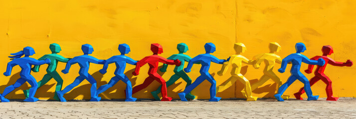 Toy cartoon characters walk in front of a bright yellow wall