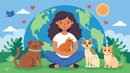 On Earth Day a soft girl spends the day volunteering at a local animal shelter surrounded by furry friends and the soft purrs and barks of grateful.