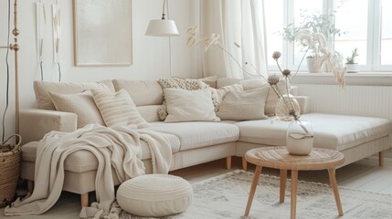 A cozy Scandinavian-inspired living room with a neutral color palette, plush textiles, and minimalist decor, inviting comfort and relaxation.