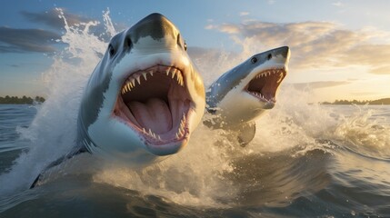 Two great white sharks with an open mouth and sharp teeth jump out of the sea waves