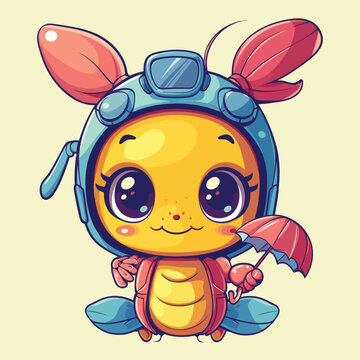 recommend clip art: kawaii cute vector logo sticker of lobster wearing snorkel glass with holding an umbrella