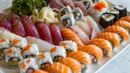 A delectable plate of sushi and sashimi, showcasing an assortment of fresh fish slices, expertly crafted into rolls and nigiri, a seafood lover's delight.