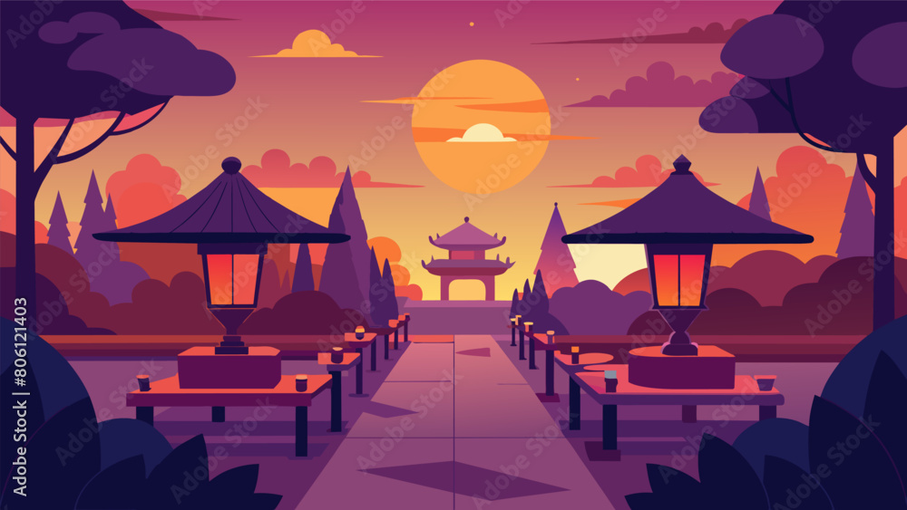 Poster as the sun sets lanterns illuminate the garden creating a warm and inviting atmosphere for the stoic
