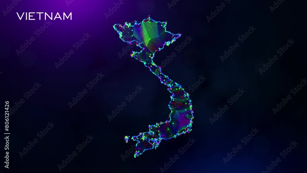 Poster futuristic motion reveal vietnam map polygonal blue purple colorful connected lines and dots network