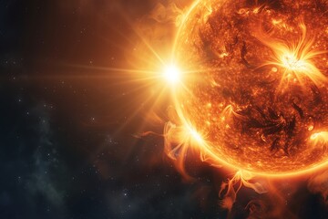 Realistic 4K panoramic view of the sun, detailed corona, intense light