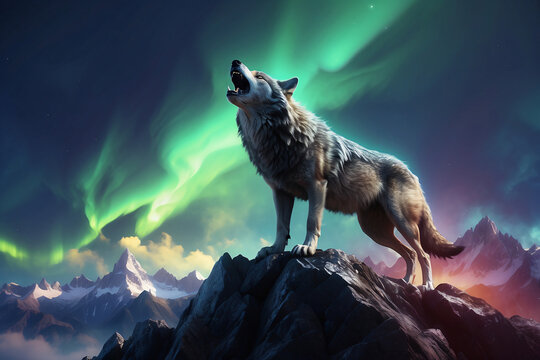 A wolf howls at night during the auroa on the hill