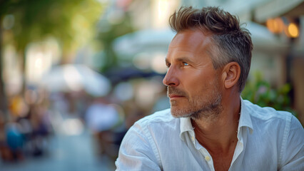 Fototapeta premium a middle-aged man in a white shirt downtown