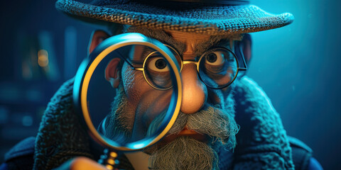 Elderly man with hat and glasses examining something with a magnifying glass in his hand