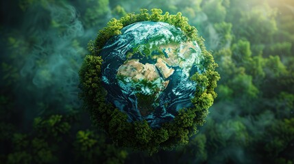 Aerial top view green forest with earth, Green planet in your hands, Save Earth, Texture of forest view from above ecosystem and healthy environment, earth day, Generative Ai 