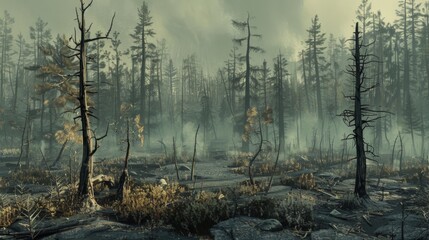 A devastated forest landscape after a wildfire, with burnt trees standing as silent sentinels amidst the ashen aftermath of destruction.