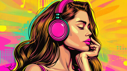 pop art comic book retro vintage style woman listen music in headphones profile portrait, 
