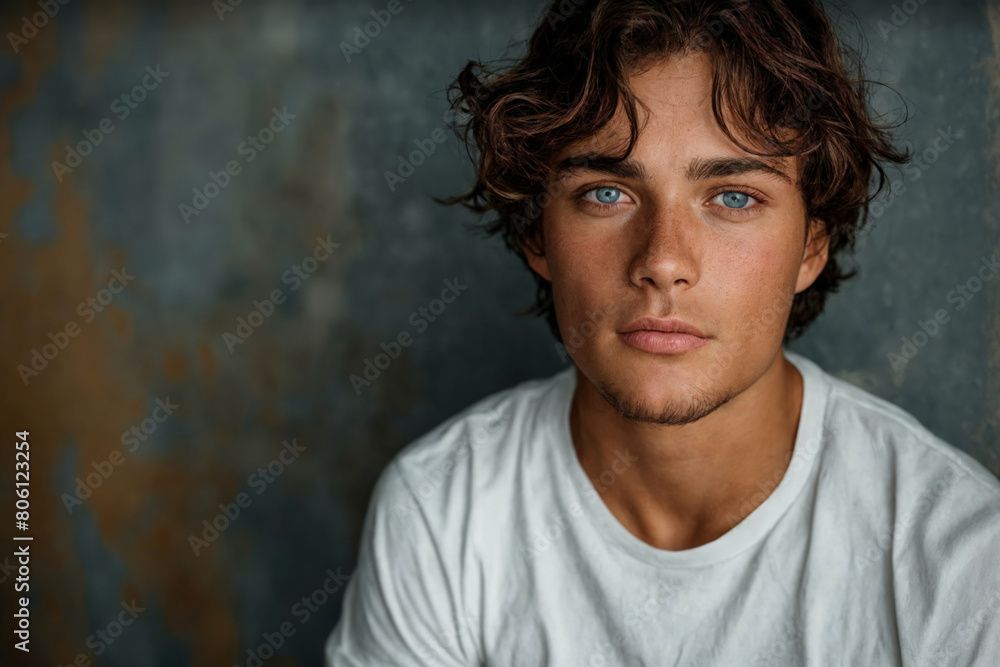 Wall mural Close-up of white young man in white shirt against dark gray textured wall