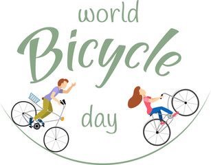 Cyclists characters. A man and a woman ride a bicycle. World bicycle day celebration, banner, poster, background.