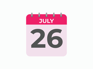 July 26 calendar reminder. 26 July daily calendar icon template. Calendar 26 July icon Design template. Vector illustration
