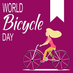 Cyclists characters. Woman on a bicycle on a pink background. World bicycle day celebration, banner, poster, background.