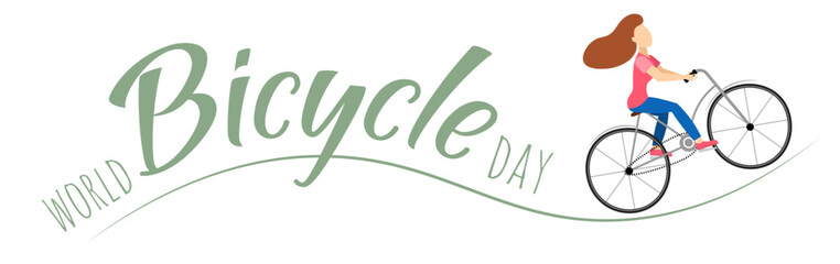 Cyclists characters. A woman rides a bicycle in the hills.  World bicycle day celebration, banner, poster, background.