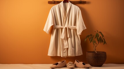 A robe gracefully hangs on a wall next to a pair of shoes, creating a peaceful and elegant scene