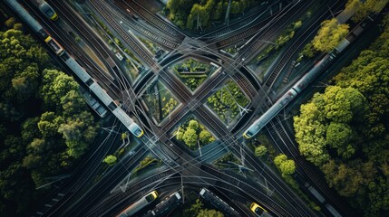 A dynamic aerial view of high-speed trains crisscrossing intricate railway networks, illustrating the efficiency of mass transit systems. - obrazy, fototapety, plakaty