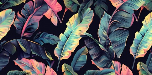 Tropical luxury exotic seamless pattern. Pastel colorful banana leaves, palm. Hand drawn vintage 3D illustration. Dark glamor background design.