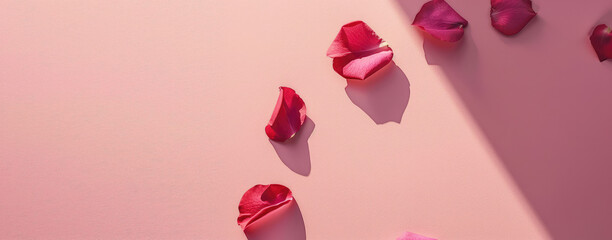 Minimal style background with rose petals, copy space. Background template for romantic postcard, banner, invitation.