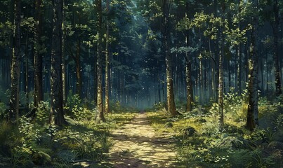 Obraz premium A straight trail through a young forest