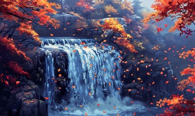 A cascading waterfall over dark rock with autumn leaves