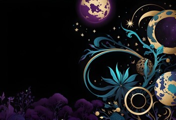 abstract background,Illustration of a fantasy background with moon, stars, flowers and plants