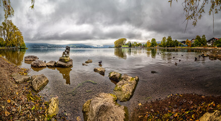 Statue Perched on Rock in Lake at Bad Wiessee am Tegernsee