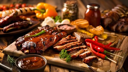 national barbecue month. delicious grilled bbq meat and smoked beef