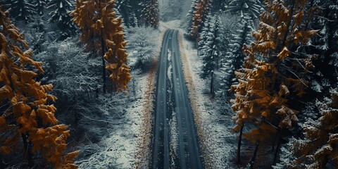 Asphalt road in forest from above