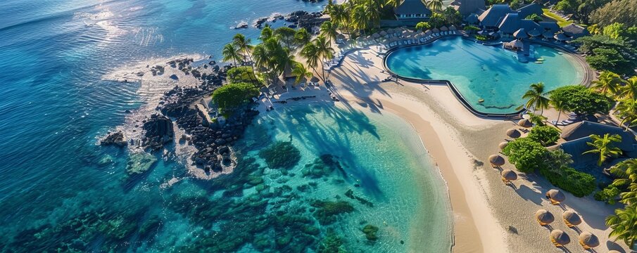 Aerial drone view of 5 star resort Shangri - La Le Touessrok with sandy beach, white villas and pool, Ilot Lievres, Flacq, Mauritius.