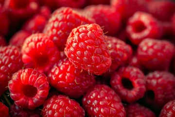 Pattern of raspberry on blue background. Flat lay summer berries - red raspberries. Creative minimalism. Beautiful simple AI generated image in 4K, unique.