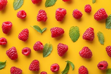 Pattern of raspberry on dark rock background. Flat lay summer berries - red raspberries. Creative...