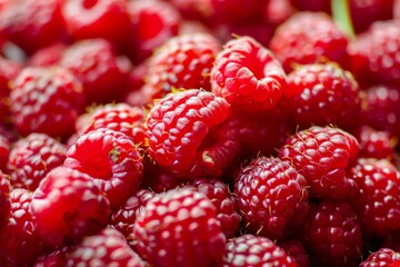 Pattern of raspberry on dark rock background. Flat lay summer berries - red raspberries. Creative...