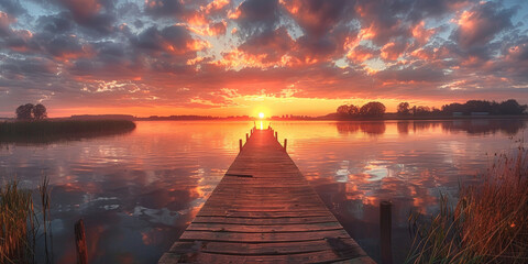 Sunset over the lake with pier and cloudy sky.sunset on the lake.small dock in lake at sunset